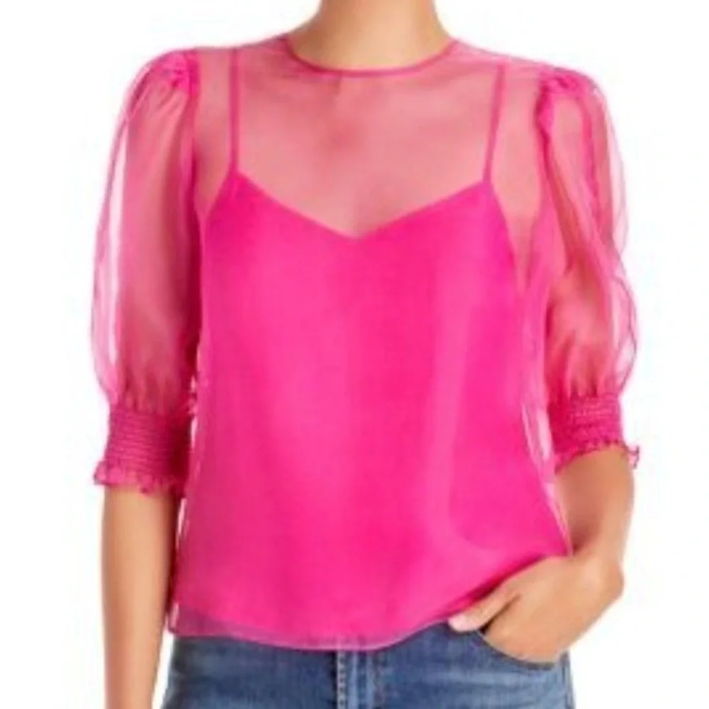 Cinq a Sept Katerina 100% Silk Sheer Hot Pink Puff Sleeve Blouse Top Small Luxe - Picture 2 of 9